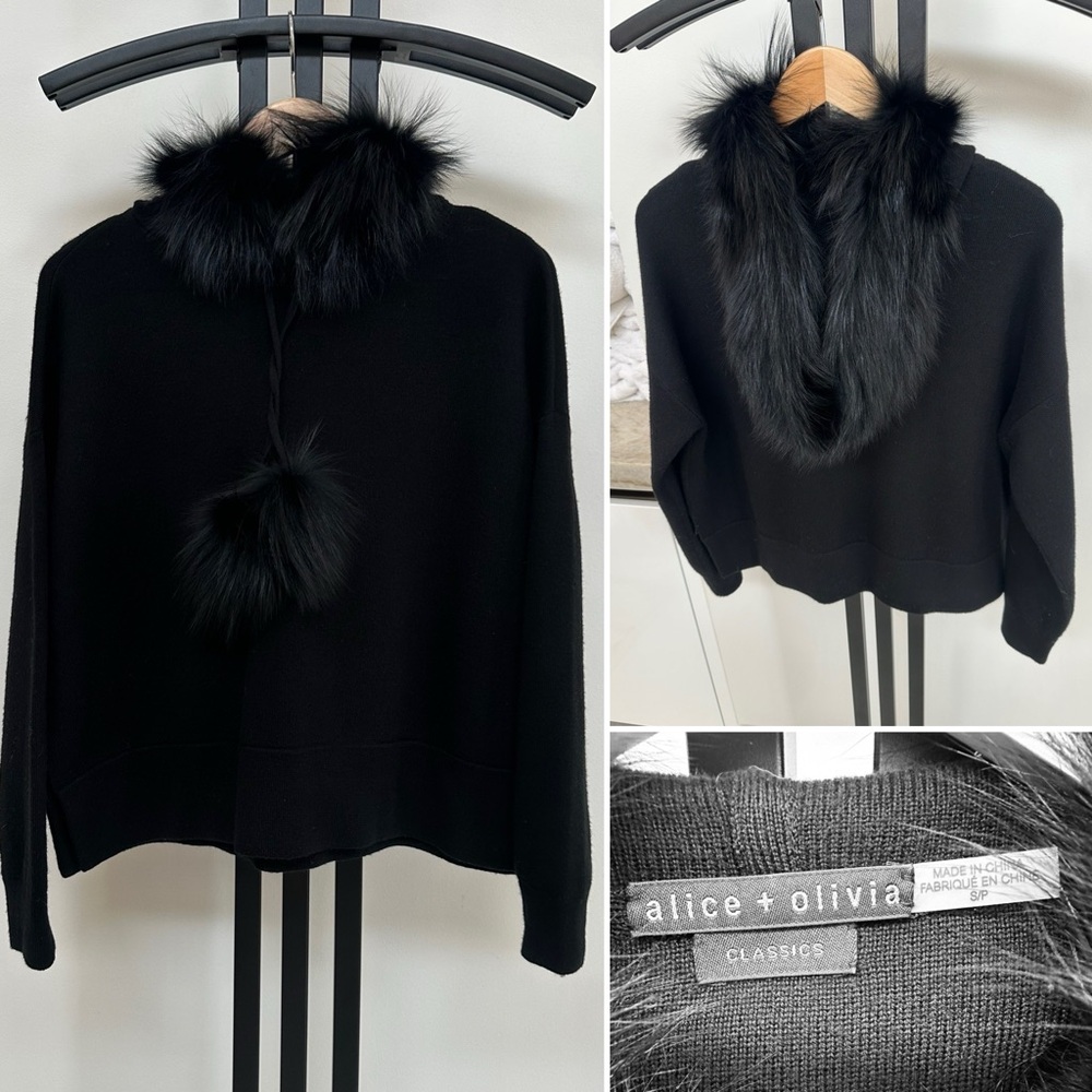 Alice + Olivia Black Sweater with Silver Fox Fur Trim. Size Small